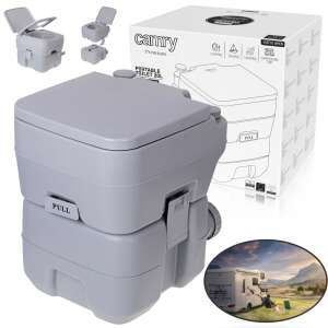 Camry CR1035 portable camping toilet, gray, collage, 3/4 view, usage examples - Camry
