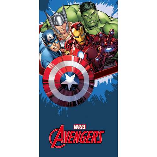 Marvel Avengers blue beach towel with Iron Man, Captain America, Hulk, Thor, and a red shield