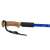 Close-up of the cork handle of a blue Nordic walking stick