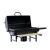Angled view of GardenLine charcoal grill with open lid and wooden shelves