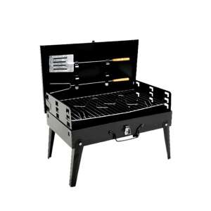 Tragbarer Grill mit Klappbeinen und Deckel, inklusive Grillrost, Spatel und Gabel, schwarz - Garten