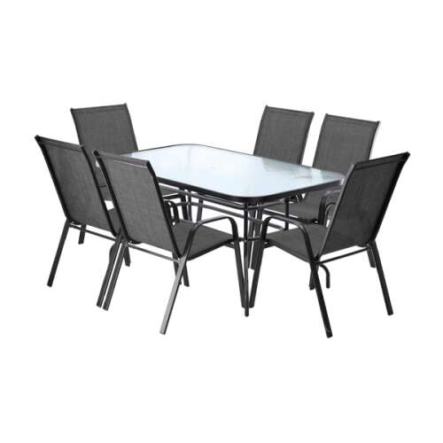 GardenLine kerti bútor szett - Asztal + 6 db szék - Fekete-Sötétszürke