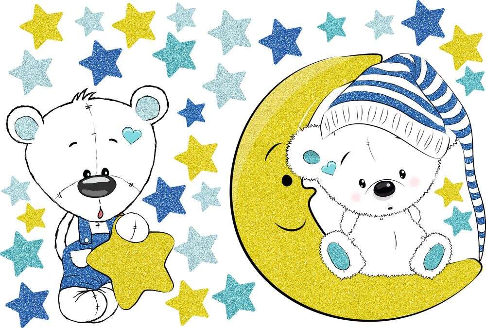 Csillag és Hold macis kék csillámos falmatrica csomag  |  30 db-o...