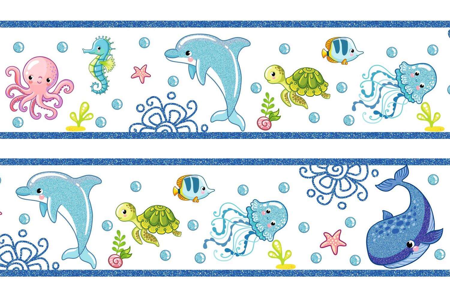 Tengeri állatok kék csillámos bordűr  |  500  cm x 16 cm - babasz...
