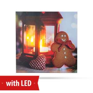 Phenom Karácsonyi LED-es hangulatkép - fali akasztóval, 2 x AA, 30 x 30 cm - 58031B, mézeskalács ember, lámpás, szív, LED fények - Phenom