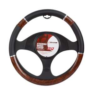 4CARS kormányvédő, 37-39 cm, fa mintás, fekete bőr, ezüst betétekkel - Autós kormányhuzat