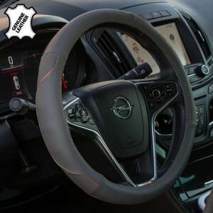 Szürke bőr kormányvédő narancssárga varrással, 4CARS márka, a legtöbb autóhoz illeszkedik, 37-39 cm - Autós kormányhuzat