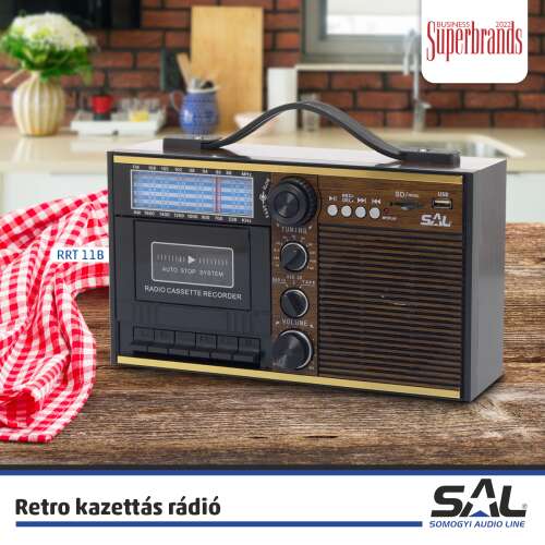 Sal Retro kazettás rádió -régi analóg felvételek digitalizálása- MP3/WMA lejátszás USB/SD eszközről- AM-FM-SW rádió RRT 11B - 00086009