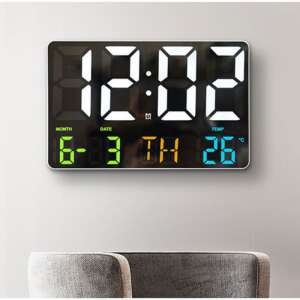 Digital wall clock with large LED display, showing time, date, day of the week, and temperature, black frame, white numbers, hanging on the wall - Sumker