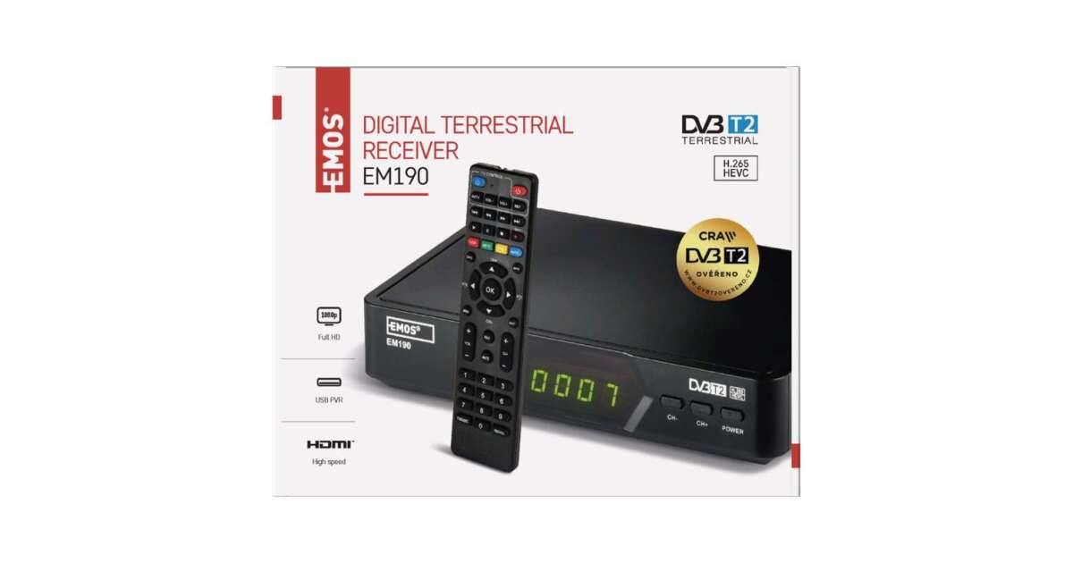 EMOS Digitális HDTV DVBT2 H265 HEVC Settop box vevőegység földi TV