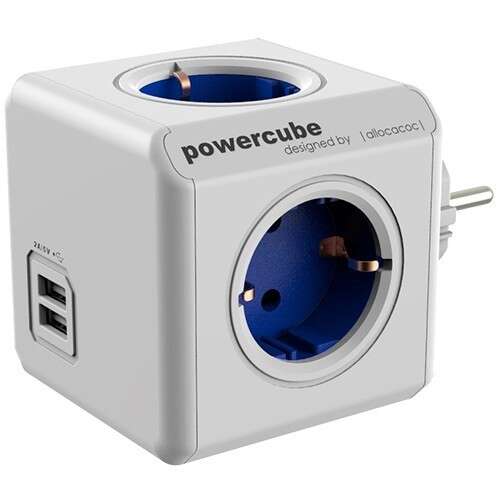 Allocacoc PowerCube Original Elosztó, 4 dugalj + 2 USB csatlakozó, Kék
