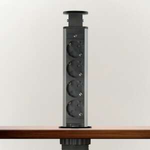 Delight Pop Up Power Socket, 4 outlets, retractable, black, metal housing, installed on a table - Delight Power Strip