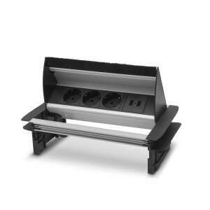 Delight visszahúzható konnektor 3 aljzattal és 2 USB porttal, kefés fém kivitelben, ideális irodai vagy otthoni használatra - Delight