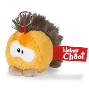 Yellow Nici Nicibubbles plush keychain with a brown furry top and a red tag that says "kleiner Chaot" - Nici Plush Toy