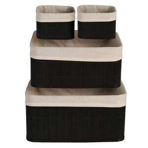 Set of 4 black bamboo storage baskets with beige fabric lining - Storage Box & Basket