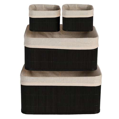 Set of 4 black bamboo storage baskets with beige fabric lining