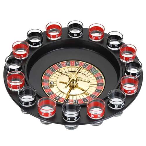 Roulette drinking game with 16 shot glasses