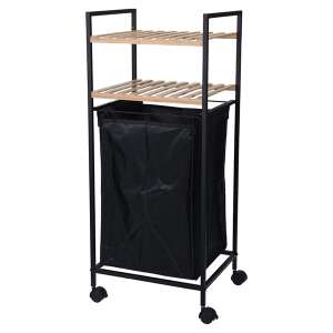 Black metal bathroom shelf with 2 bamboo shelves and a built-in laundry basket on wheels - Furniture