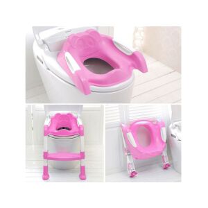 Collage of a pink children's toilet training ladder with seat reducer in use and folded - Diapering