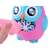 Close up of the pink and blue owl shaped bubble blower with a bottle of bubble solution