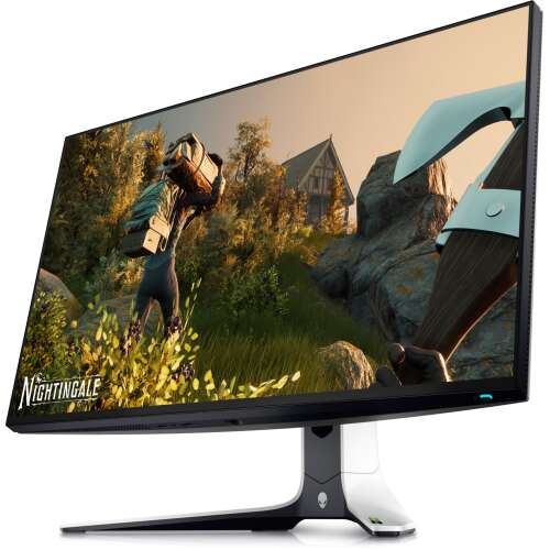 Szögletes nézet a Dell Alienware AW2723DF 27 hüvelykes QHD gaming monitorról játék közbeni grafikával