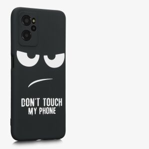 Angled view of black Kwmobile Realme 9i silicone case with 'Don't Touch My Phone' design - Phone Case