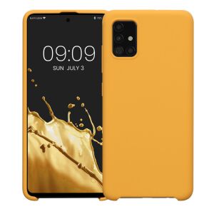 Kwmobile Samsung Galaxy A51 Orange Silicone Case on phone, front and back view. - Phone Case