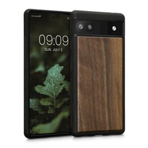 kwmobile Google Pixel 6a wooden case on phone, angled view - Phone Case