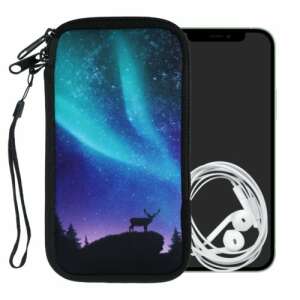 Etui na telefon kwmobile XL z wzorem zorzy polarnej, do dużych smartfonów do 6,8 cala, z zamkiem błyskawicznym i paskiem na nadgarstek, chroni przed zarysowaniami i upadkami - Kontakty telefoniczne