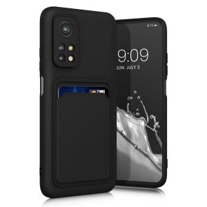kwmobile Xiaomi Mi 10T/10T Pro black silicone case with card holder on phone - Phone Case