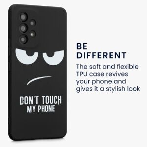 Kwmobile Samsung Galaxy A53 5G czarne silikonowe etui z napisem 'Nie Dotykaj Mojego Telefonu' - Kontakty telefoniczne