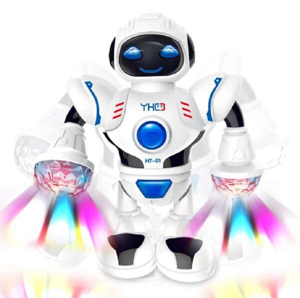 Táncoló, zenélő világító robot – karjában LED lámpákkal, forgó fé...