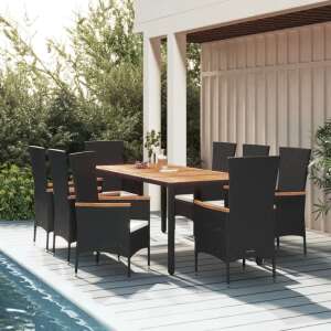 vidaXL 9-piece black polyrattan garden dining set with cushions, outdoor furniture for 8 people, black wicker chairs and table with acacia wood top - Garden Set