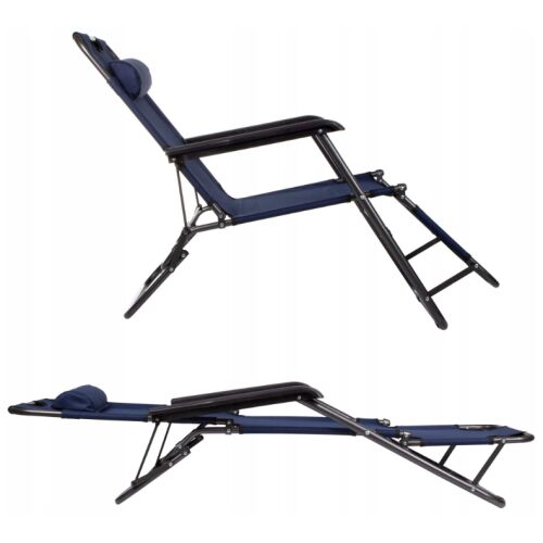 Két Springos sötétkék összecsukható napozóágy különböző pozíciókban, elszigetelve fehér háttérrel.