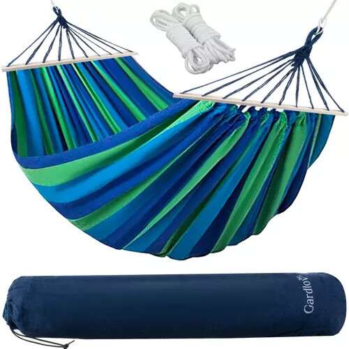 Gardlov Kerti XXL blue and green striped hammock with spreader bars, ropes, and carry bag