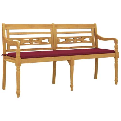 Tömör tíkfa kerti pad bordó párnával, 150 cm - Kerti pad