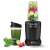 Blender Sencor SNB 6600BK Nutri Smart One Touch cu două sticle, una cu smoothie verde, și ingrediente în jurul blenderului