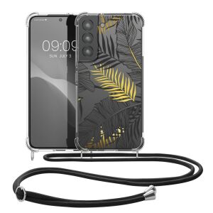kwmobile Калъф с връзка за врат за Samsung Galaxy S22 с дизайн на черни и златни листа - Технически статии и електроника