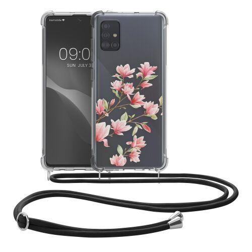Kwmobile Samsung Galaxy A71 clear phone case with floral design and neck strap