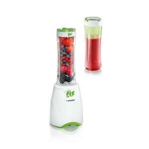 Blender Severin SM3735 Smoothie Mix & Go z owocami w butelce i czerwonym smoothie w drugiej butelce - Toster i Blender