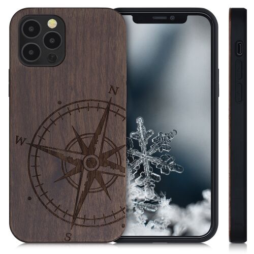kwmobile iPhone 12/12 Pro ciemne drewniane etui z różą kompasową