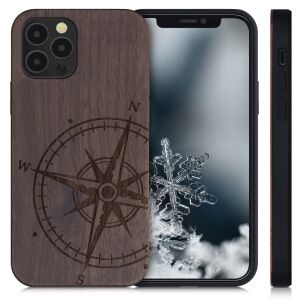 kwmobile husă din lemn închis la culoare pentru iPhone 12/12 Pro cu roză a vânturilor - Huse telefon