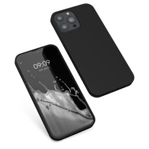 Angled view of kwmobile black silicone iPhone 13 Pro Max case on phone - Phone Case