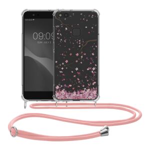 kwmobile Huawei P10 Lite transparente Handyhülle mit rosa Umhängeband und Blumendesign - Handyhüllen