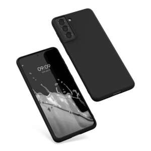 Черен силиконов калъф за Samsung Galaxy S21, показващ предната и задната част на калъфа - Телефонни контакти