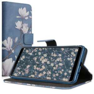 kwmobile Samsung Galaxy A7 (2018) Blumen-Wallet-Hülle, blau mit weißen Blumen - Handyhüllen