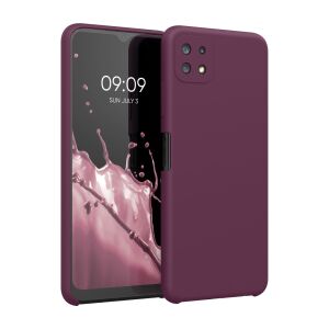 Kwmobile Samsung Galaxy A22 5G Bordeaux Purple Silicone Case on Phone - Angled View - Phone Case