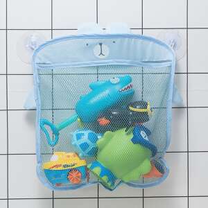 Blue mesh bath toy storage bag with suction cups, bear face design, for organizing bath toys - Toy Storage Shelves & Organizer