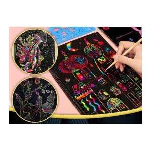 Rainbow scratch art paper set with 10 sheets and a wooden stylus, perfect for kids and adults to create colorful art - Scratch art