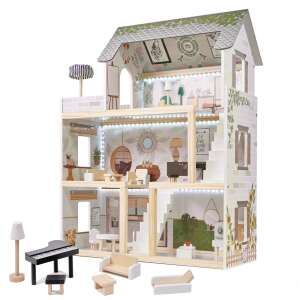 Wooden dollhouse with LED lights, 3 floors, 4 rooms, furniture included, Boho style - Dollhouse